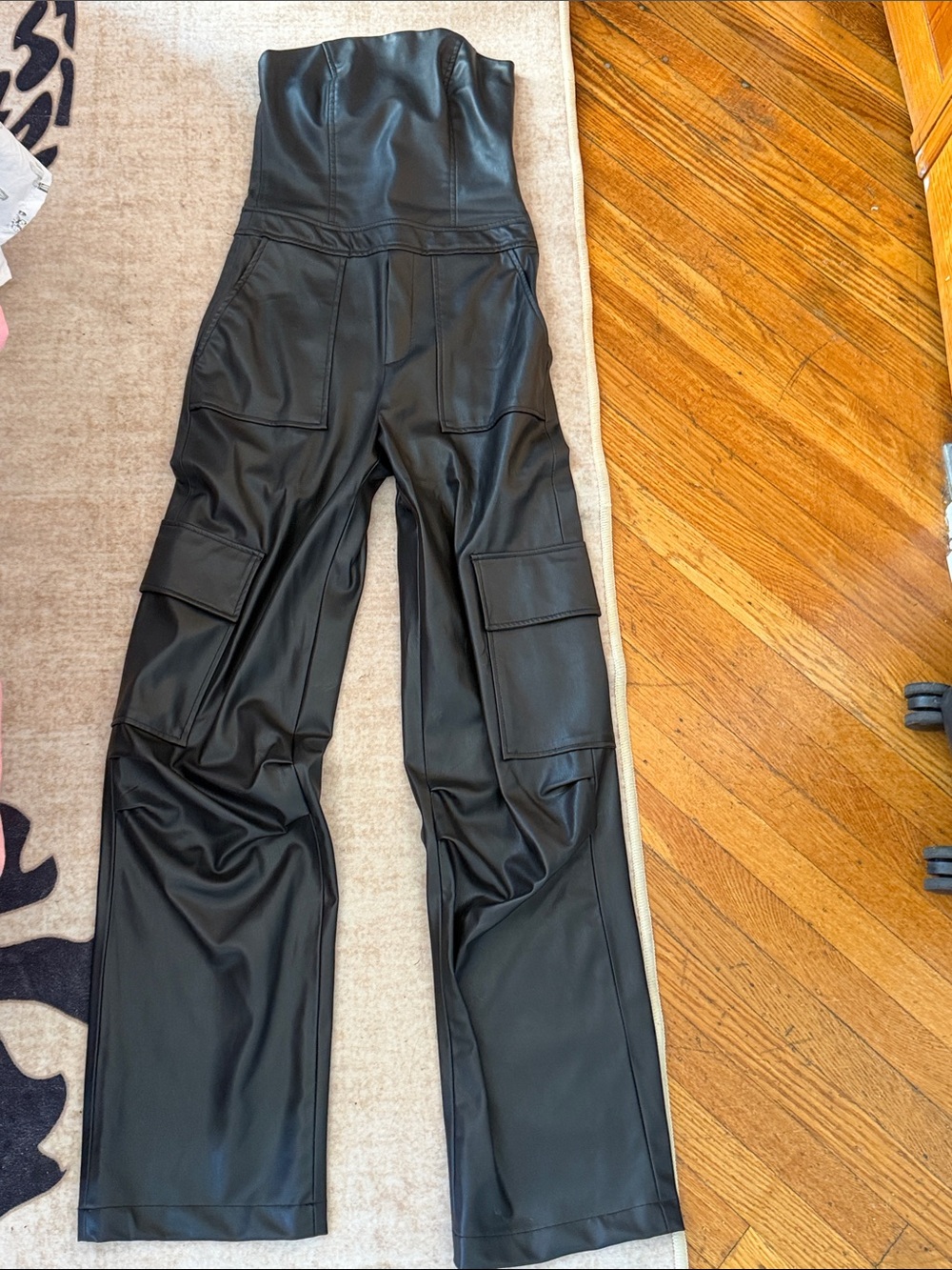 Zara Black Faux Leather High-Waist Wide-Leg Cargo Jumpsuit